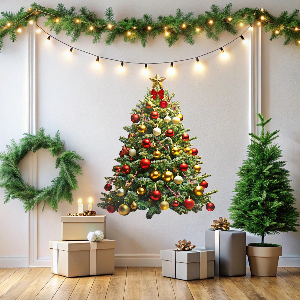 Interactive Christmas tree wall sticker decal with vibrant ornaments and star, festive holiday decor for any room.