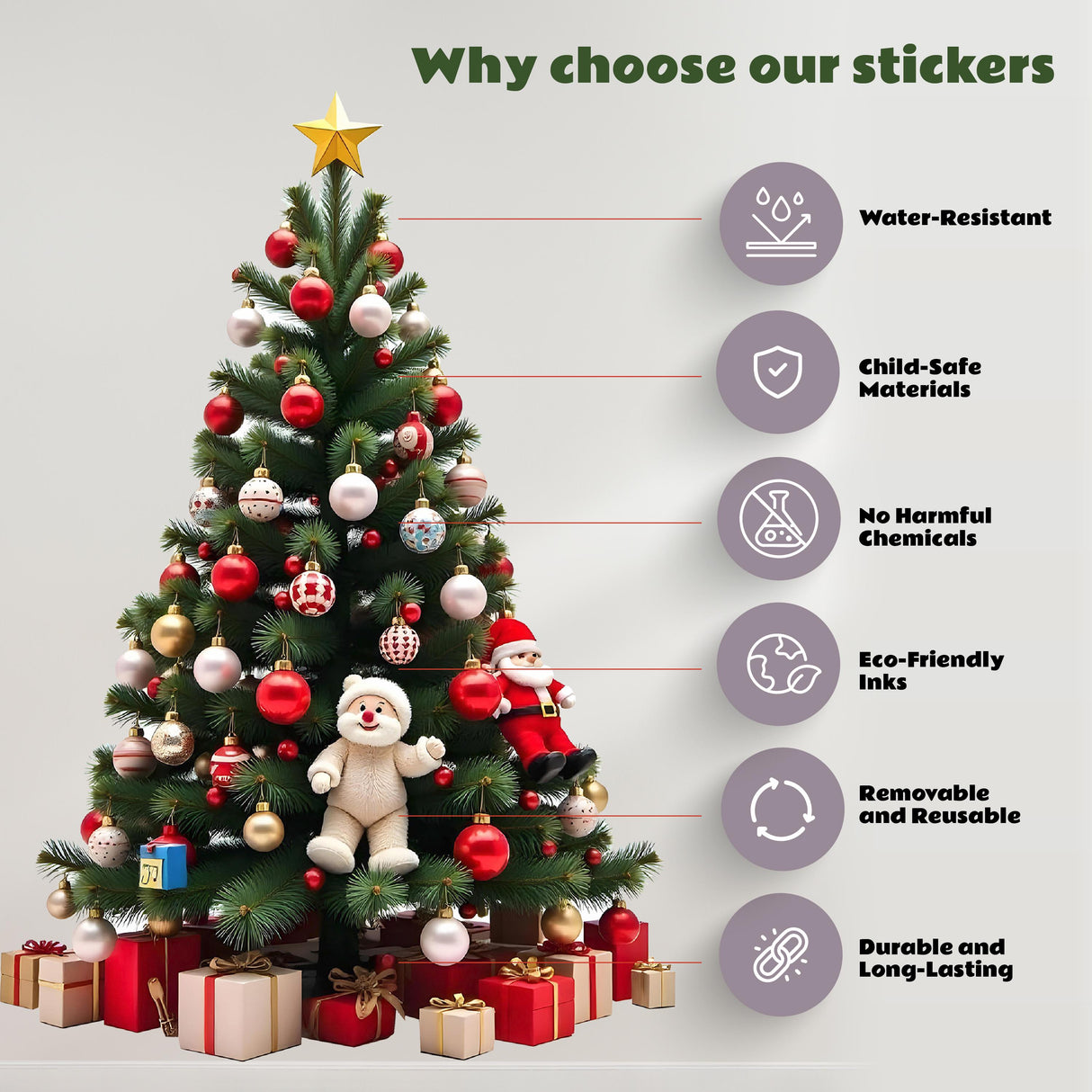 Benefits of Christmas Tree Wall Sticker Decal: water-resistant, child-safe, eco-friendly, durable, removable, and reusable.