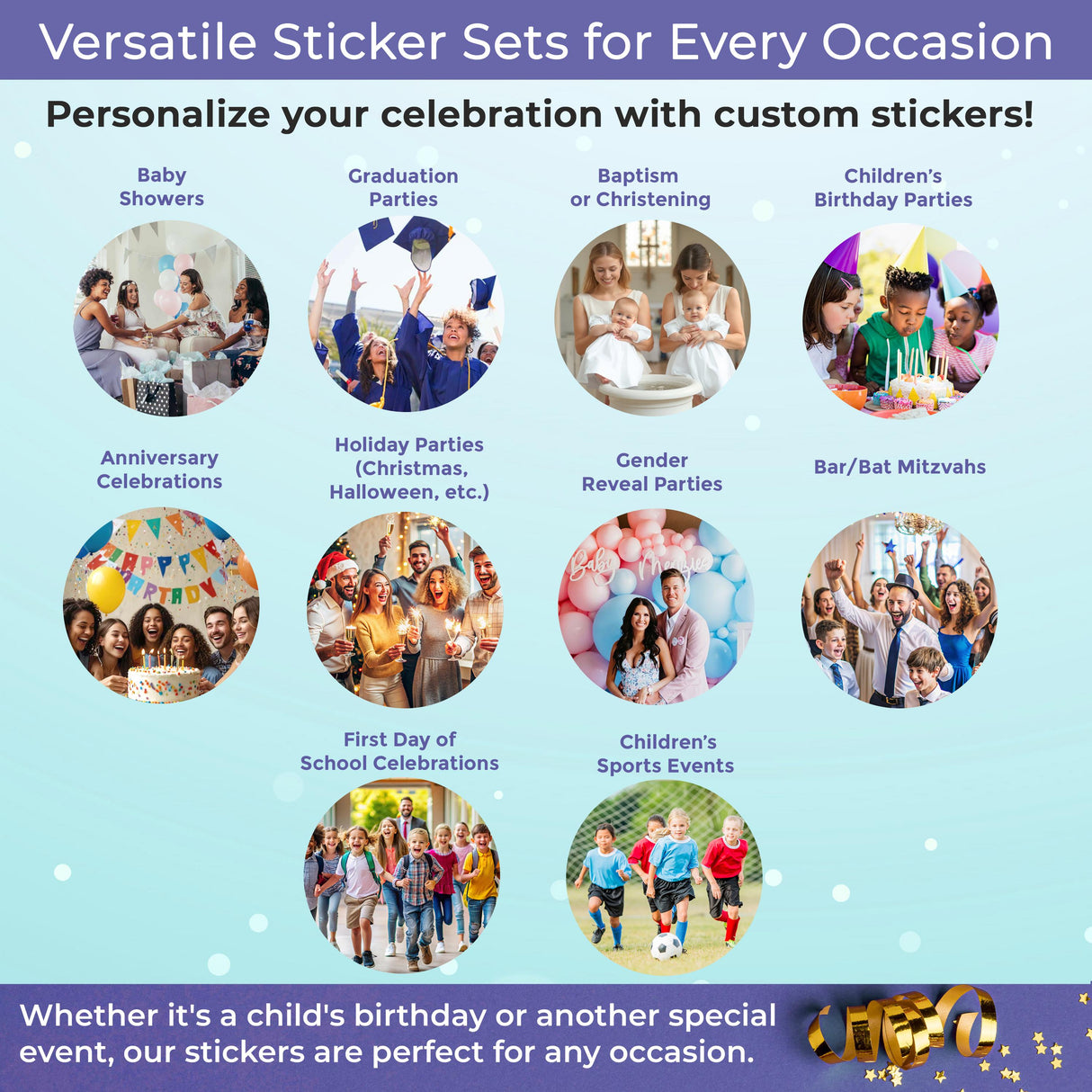 Collage of versatile sticker sets for every celebration, including birthdays, graduations, and holidays.
