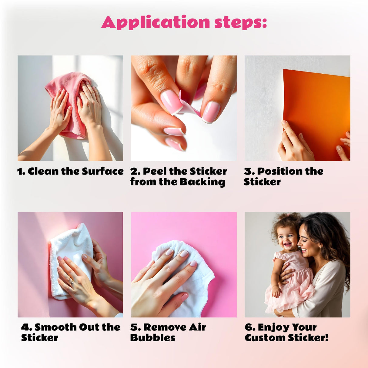 Step-by-step application guide for gender reveal wall decal with hands demonstrating each step.