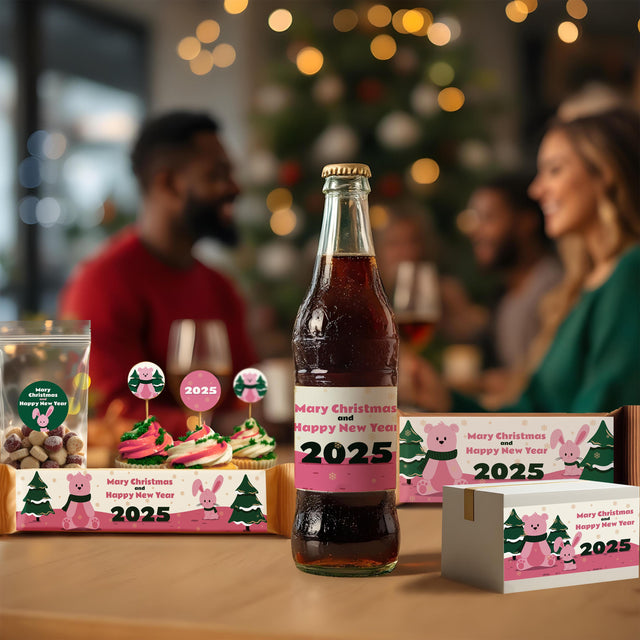 Festive personalized Christmas sticker set with labels for bottles, chocolates, and cupcakes at a holiday gathering.