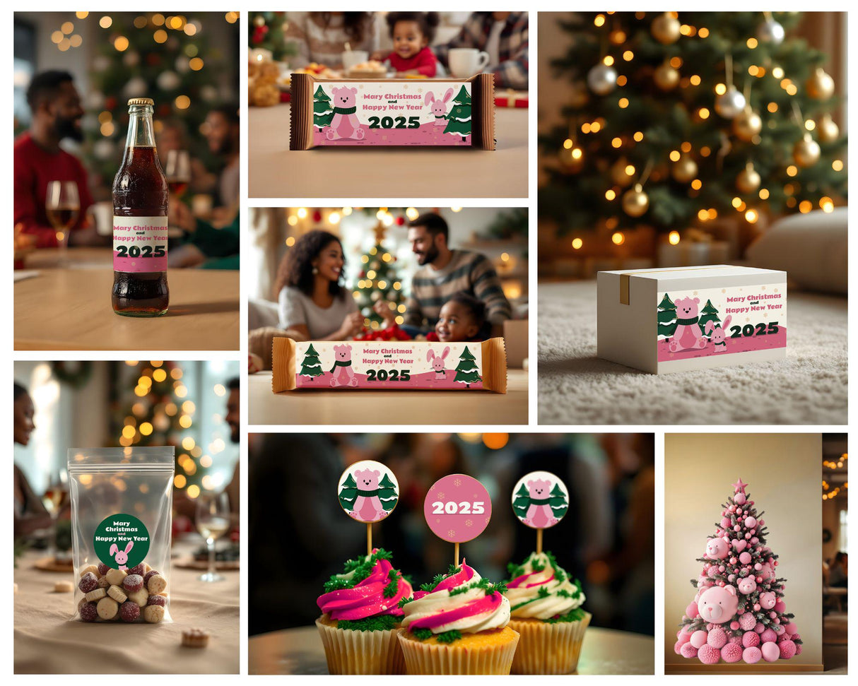 Personalized Christmas sticker set for bottles, chocolates, and gifts, featuring festive decor and 2025 theme.