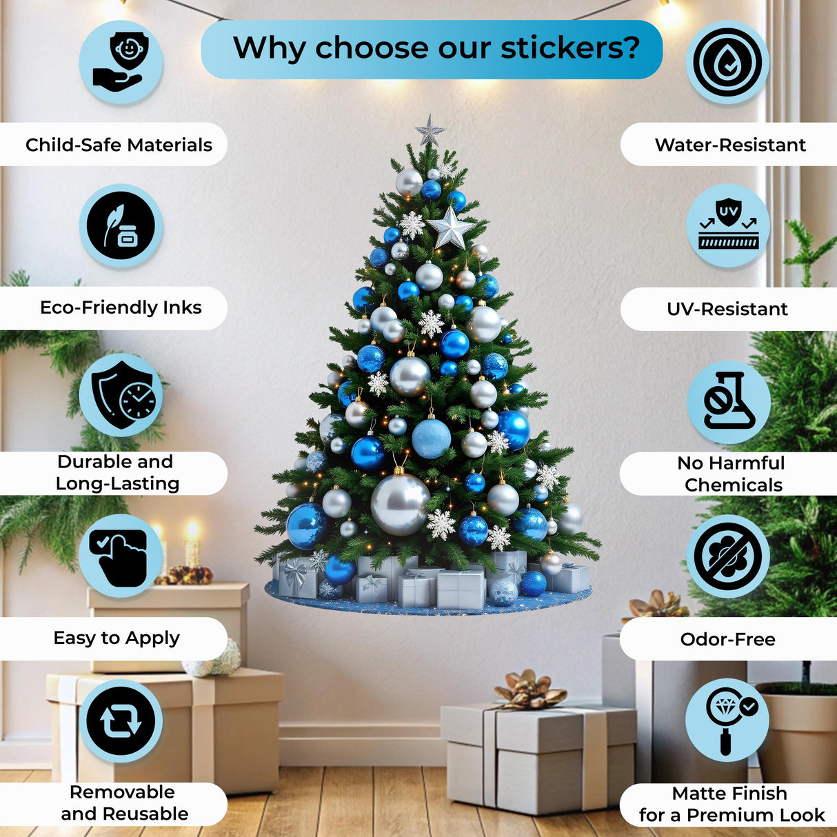 Infographic highlighting features of Christmas stickers: child-safe, eco-friendly, water-resistant, easy to apply, and reusable.