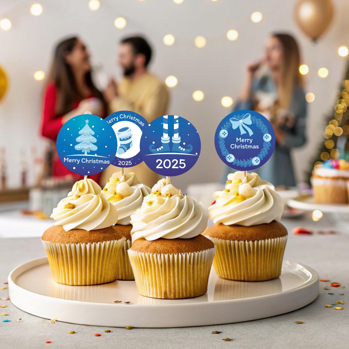 Festive cupcakes topped with Christmas stickers, perfect for holiday celebrations with family and friends.
