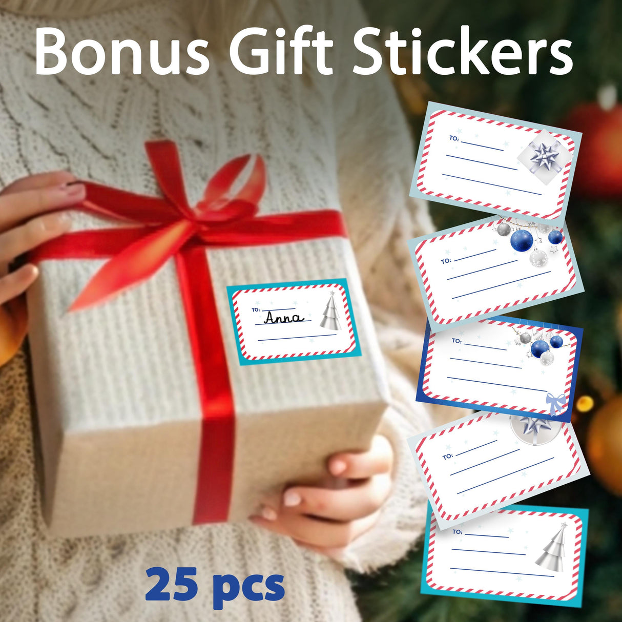 Bonus gift stickers set with 25 pieces for personalized holiday packaging and decorations.
