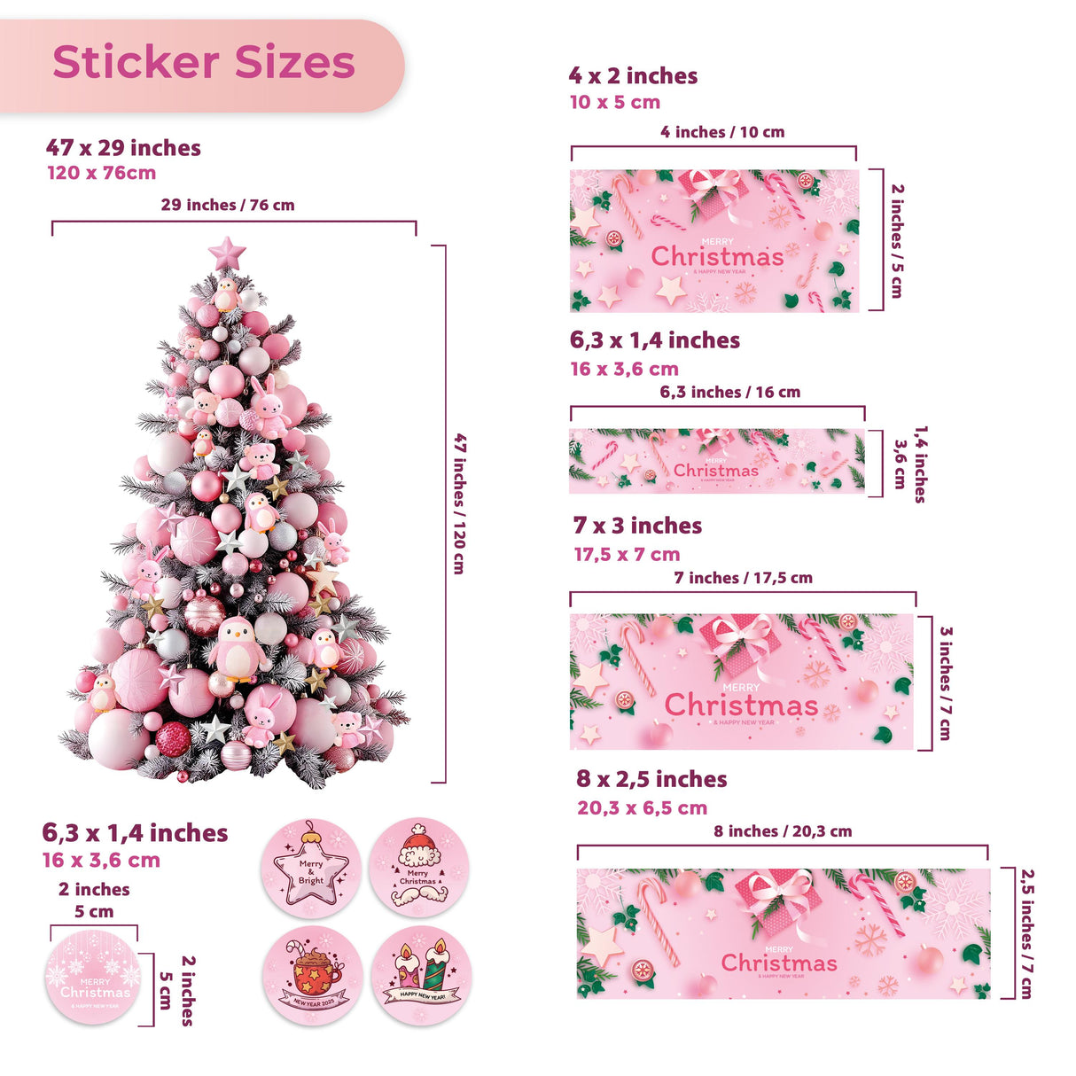 Image showing sizes of pink Christmas stickers alongside a decorated Christmas tree for holiday decor.