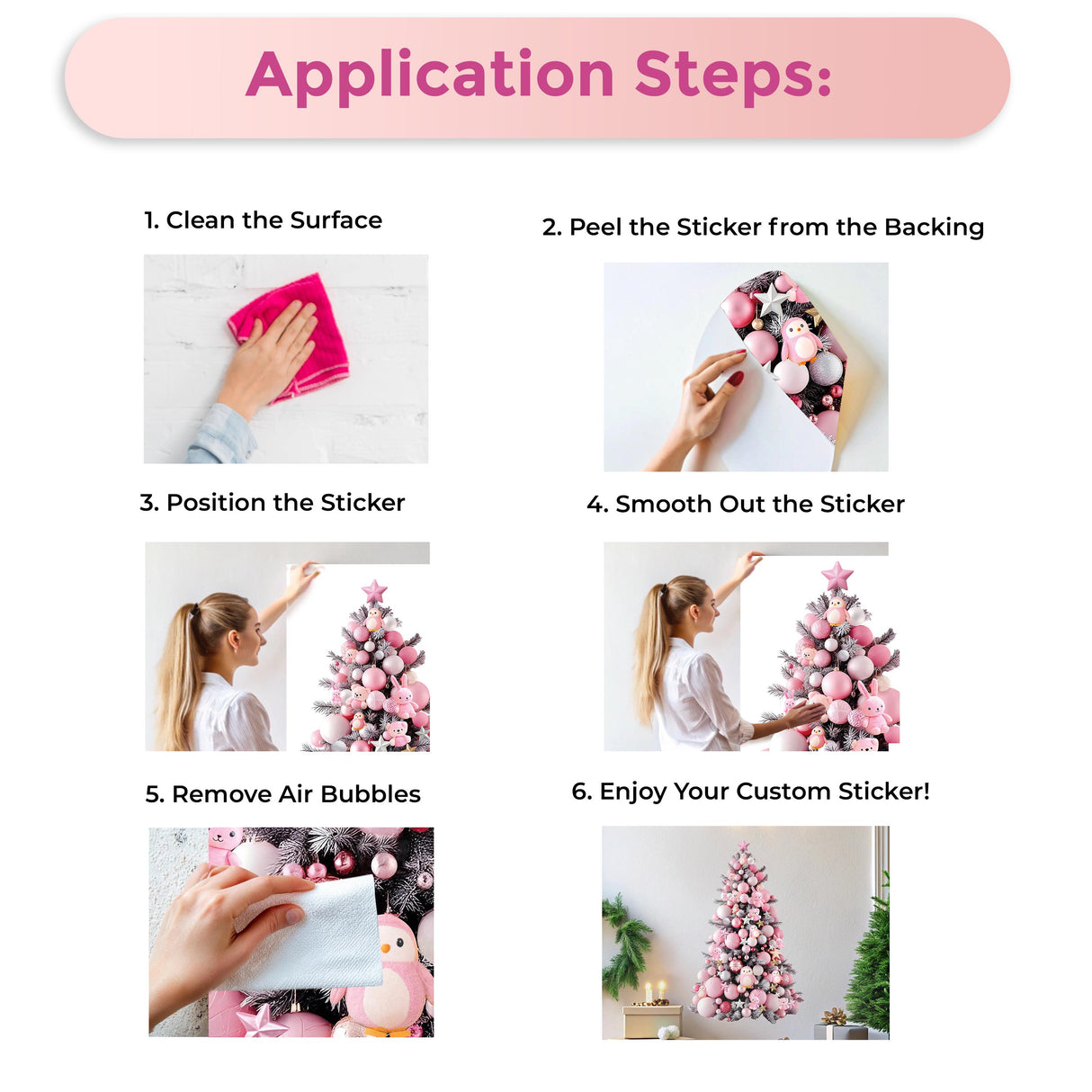Infographic showing steps for applying Christmas stickers, including cleaning, positioning, and smoothing out.