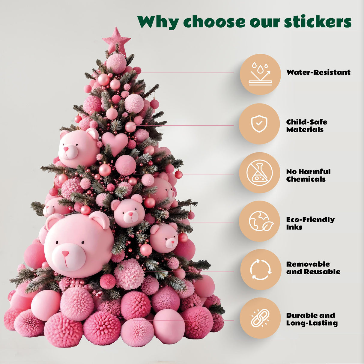 Infographic highlighting benefits of Pink Teddy Bear wall stickers: water-resistant, child-safe, eco-friendly, and durable.