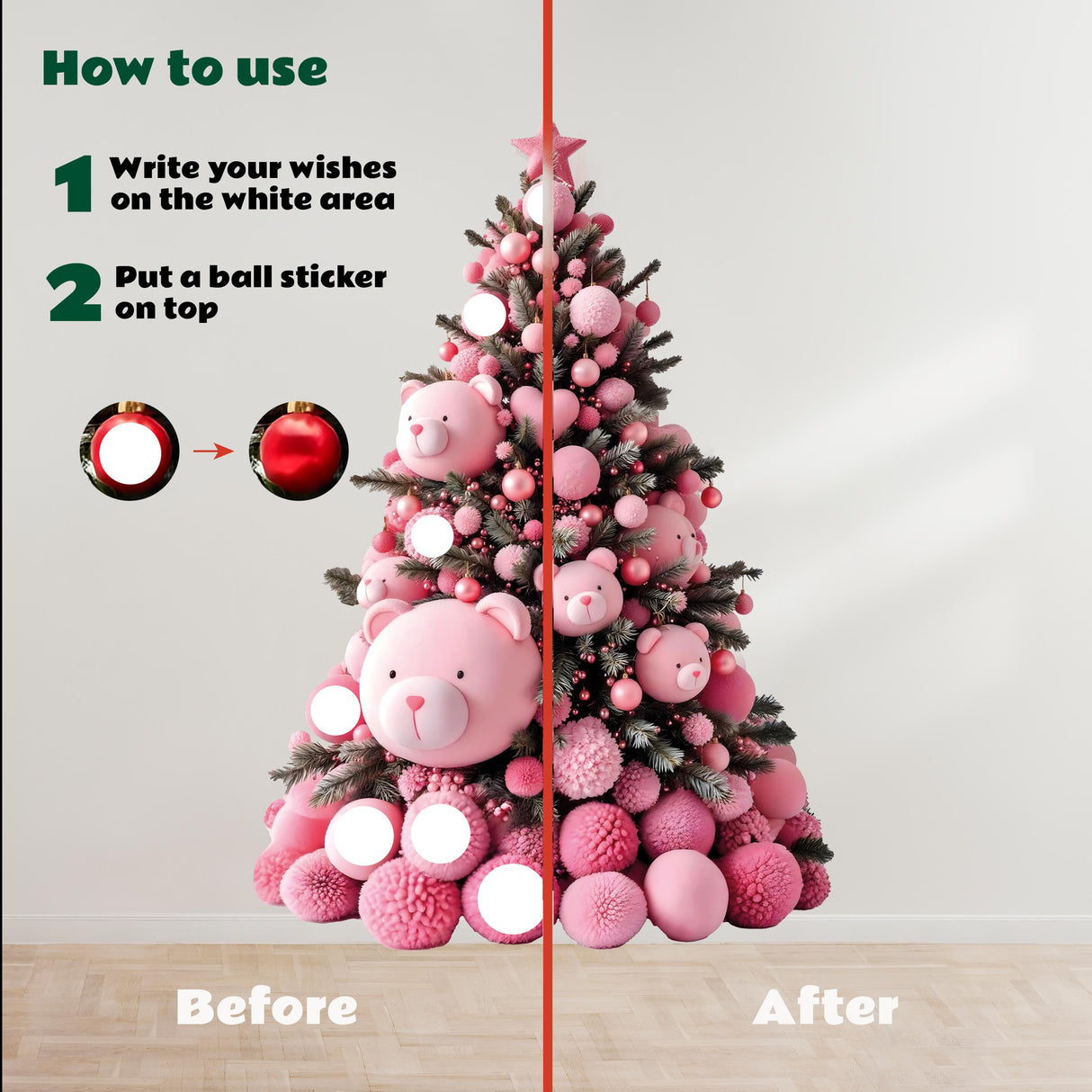 Pink teddy bear Christmas tree wall decal instructions for use in kids' room holiday decor.