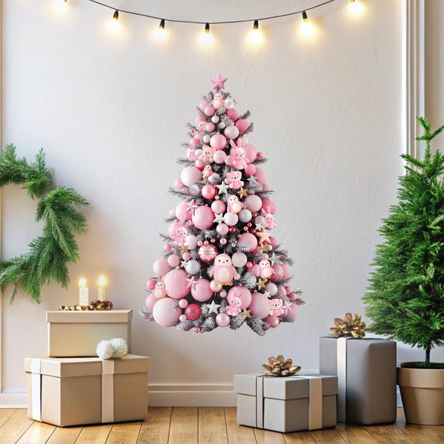 Pink Christmas tree wall decal decorated with cute ornaments in a festive room with gifts and lights.