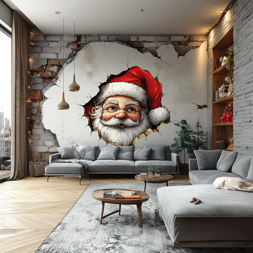 3D Santa Claus wall mural breaking through a cracked wall in a modern living room for festive holiday decor.