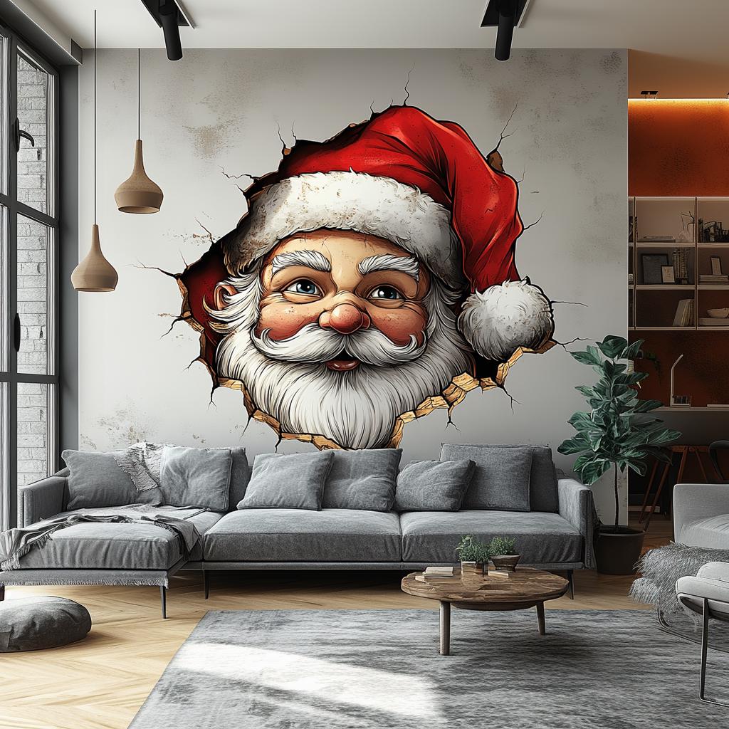 3D Santa Claus wall mural bringing holiday cheer to living room decor with festive design.