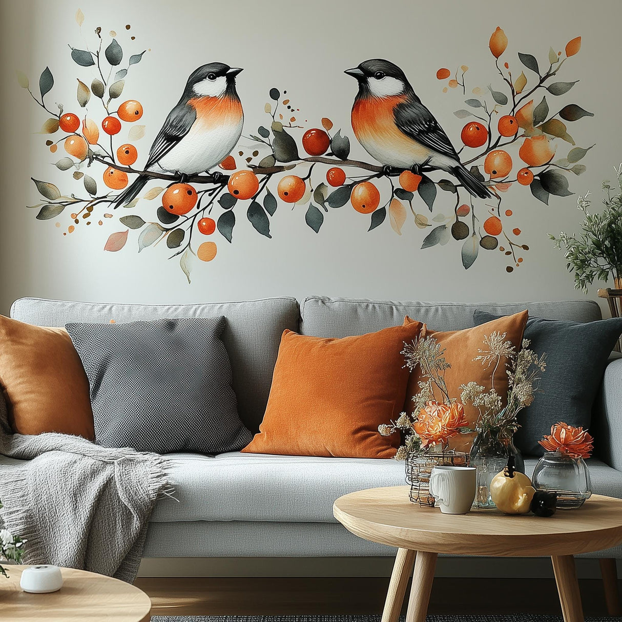 Autumn Bird Wall Decal | Fall Decor Wall Art | Nature-Inspired Bird Sticker | Cozy Living Room Decor | Botanical Mural with Orange Berries