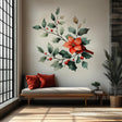 Poinsettia and holly wall mural in living room with red cushions, festive holiday decor for a cozy atmosphere.