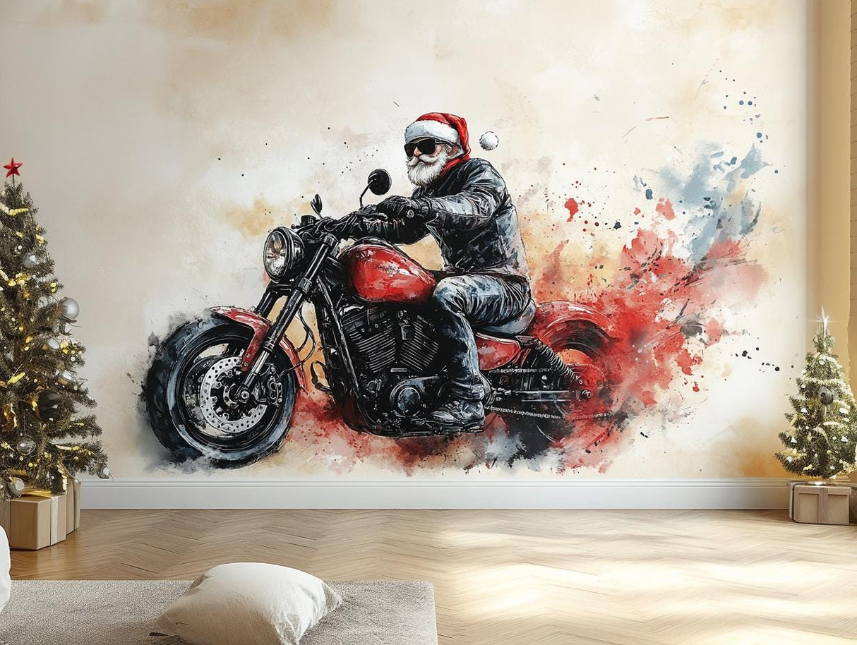 Biker Santa wall mural featuring Santa on a motorcycle, ideal for unique Christmas decor and festive holiday atmosphere.