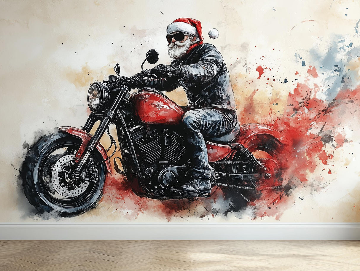 Biker Santa wall mural featuring Santa on motorcycle with sunglasses and red hat, perfect unique Christmas decor.