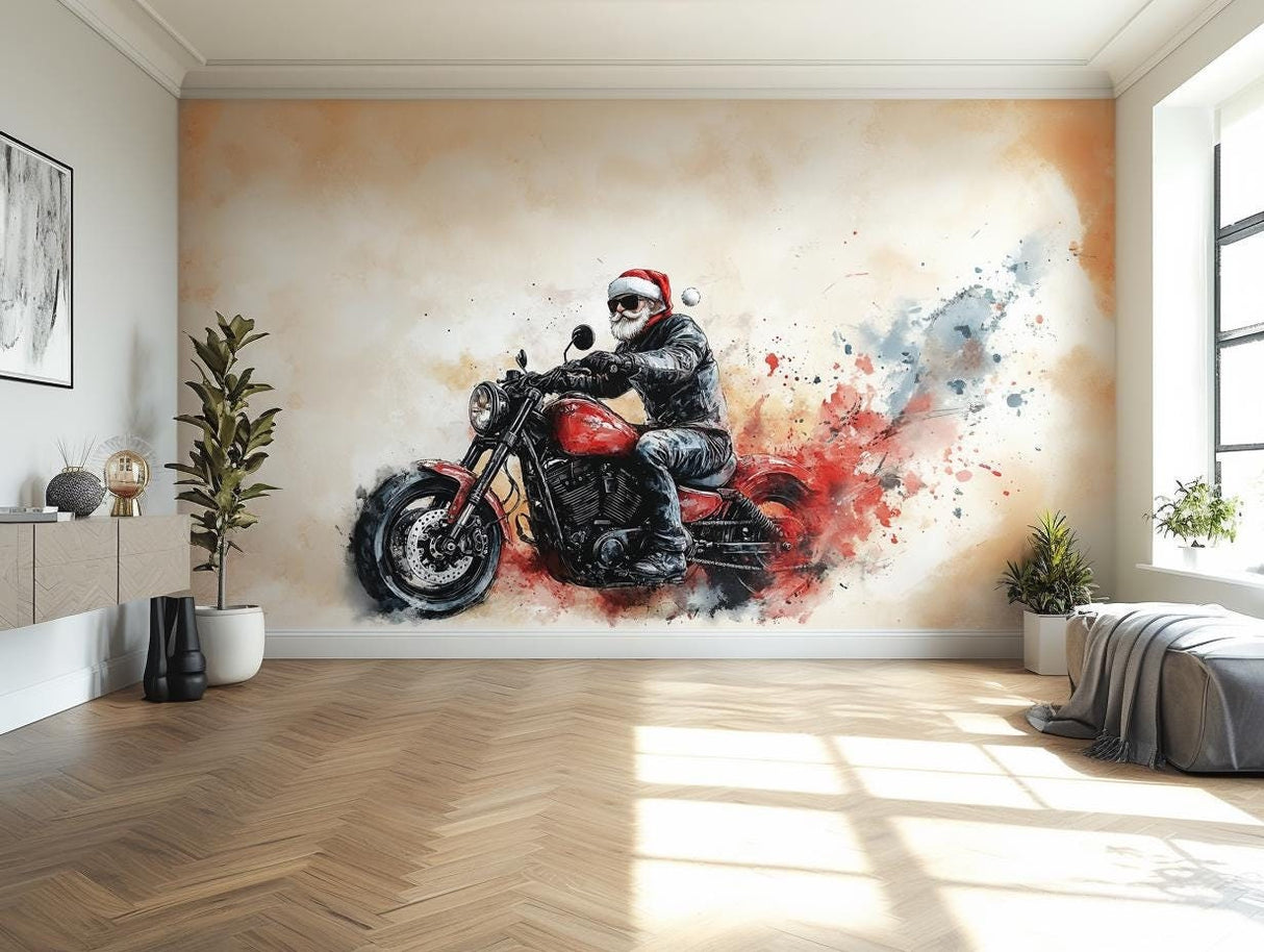 Biker Santa wall mural featuring Santa on a motorcycle with sunglasses, a unique holiday decor for festive spaces.