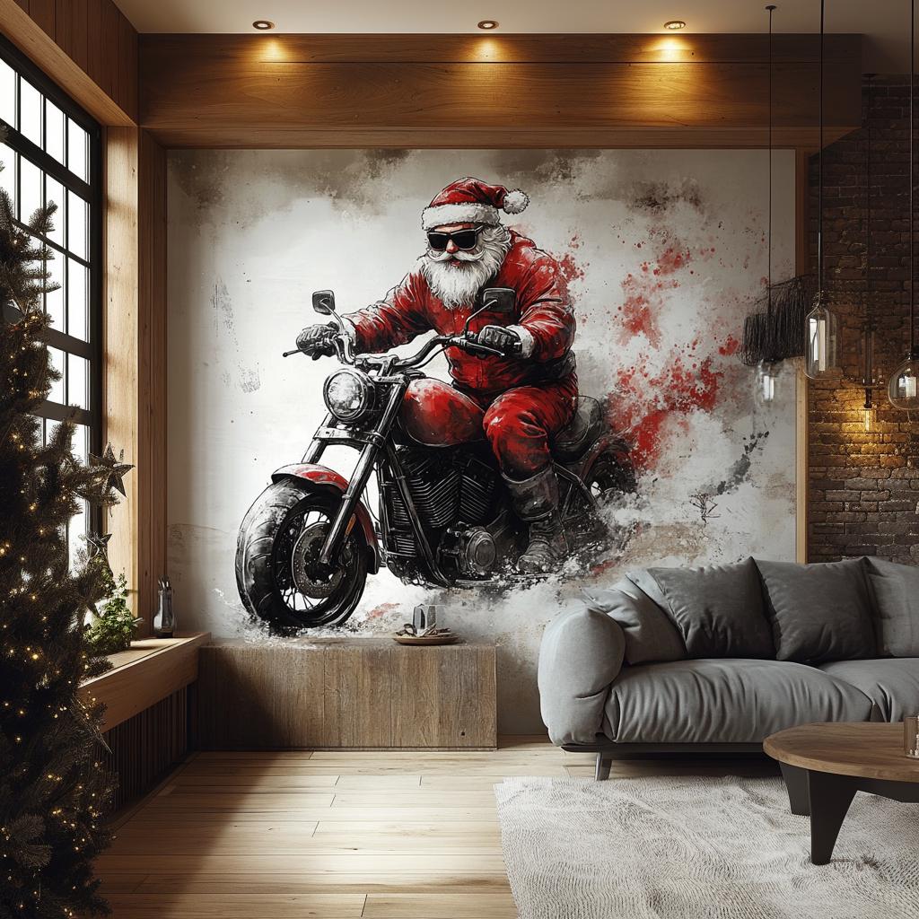 Biker Santa Claus wall mural in modern living room, featuring Santa on motorcycle, bold Christmas decor for man cave.