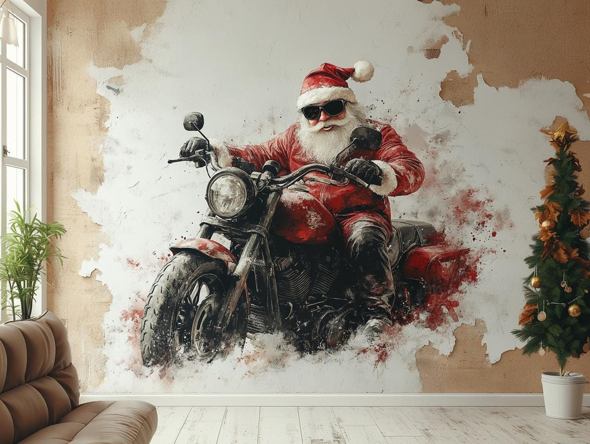 Biker Santa Wall Mural | Adventurous Christmas Decor | Santa on Motorcycle Wall Art | Unique Holiday Wall Sticker | Festive Statement Piece