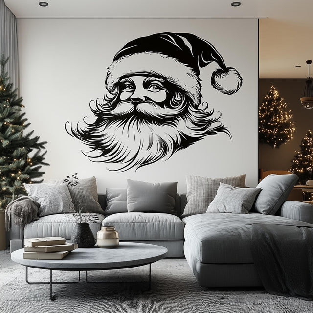 Minimalist black Santa Claus wall mural in a stylish living room with cozy decor, perfect for holiday cheer.