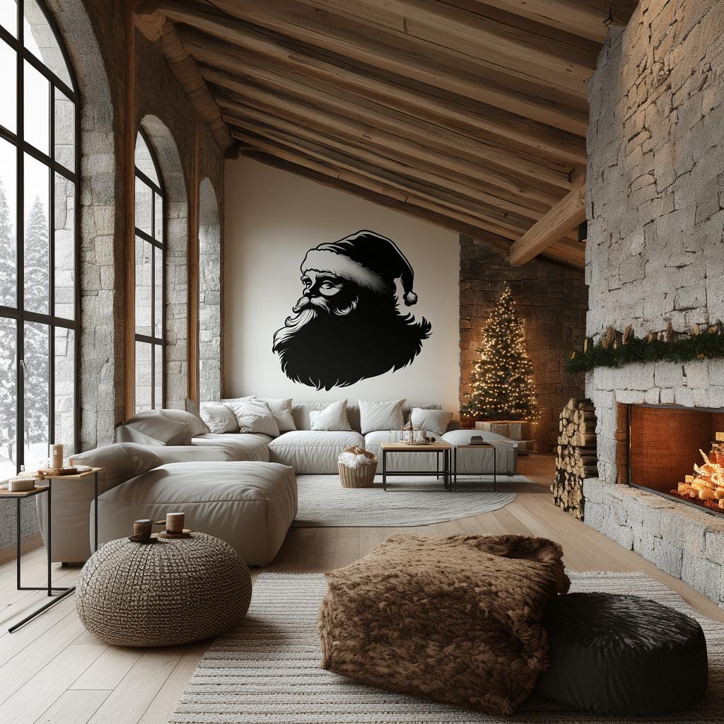 Elegant black silhouette of Santa Claus on wall in rustic holiday living room decor.