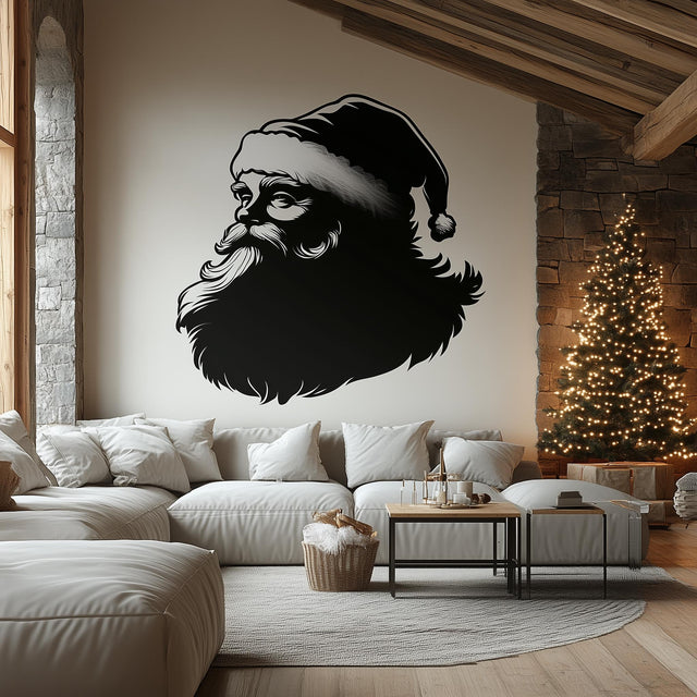 Elegant black silhouette of Santa Claus wall mural in a rustic living room with holiday decorations.