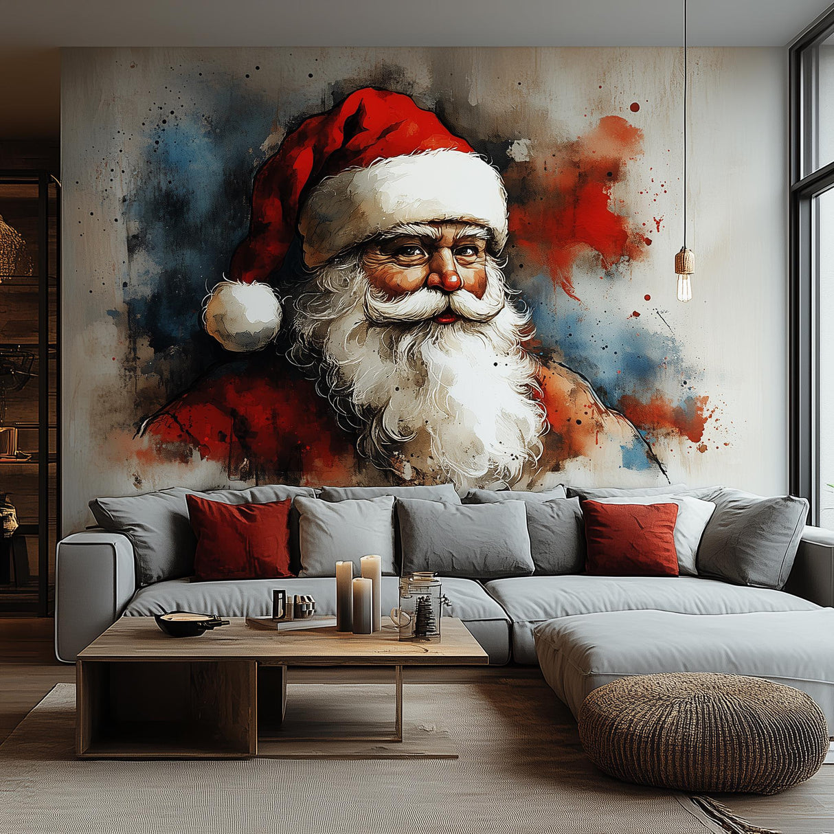 Vibrant Santa Claus wall mural featuring colorful portrait and artistic brushstrokes, perfect for festive home decoration.