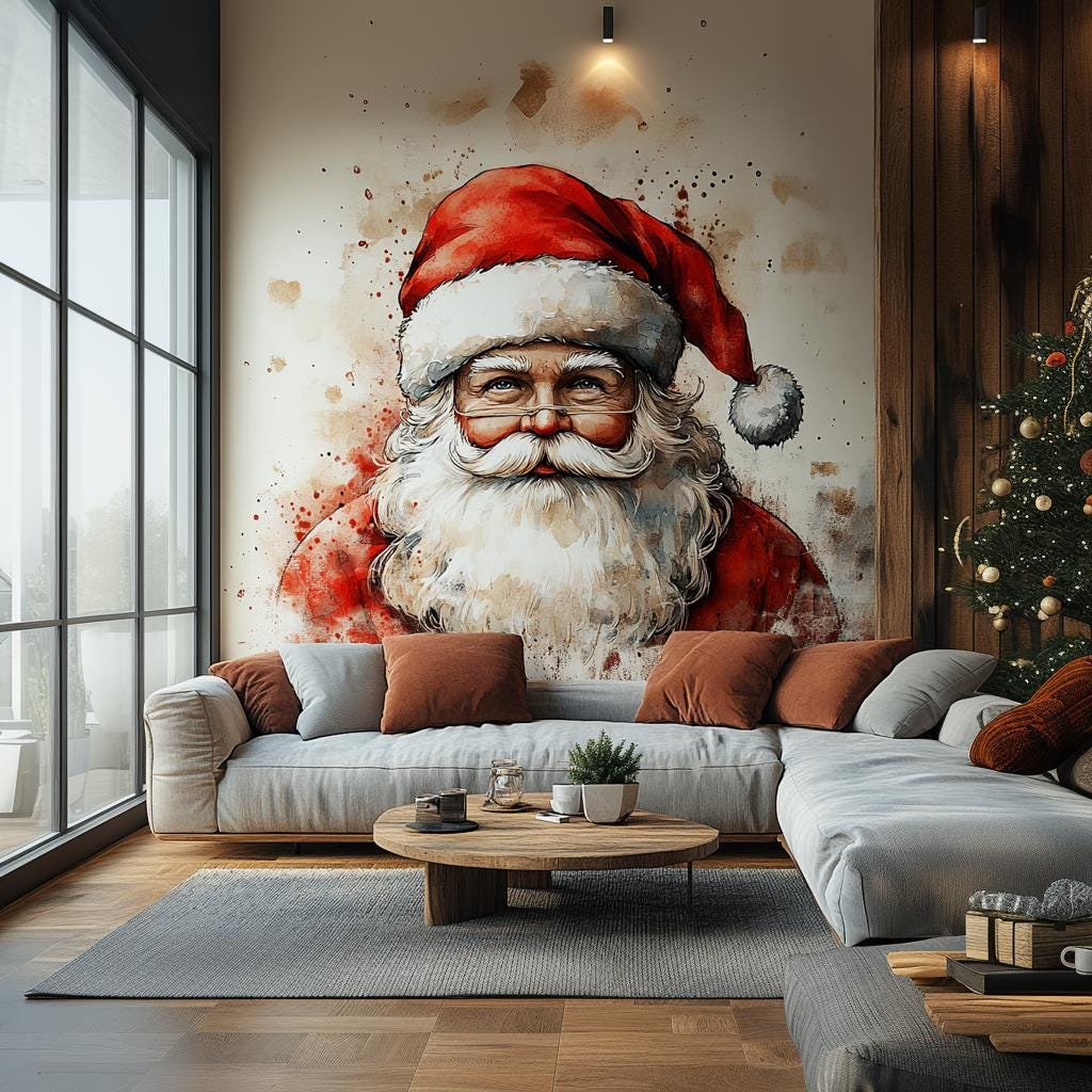 Classic Santa Claus mural on a cozy living room wall, enhancing festive holiday decor.
