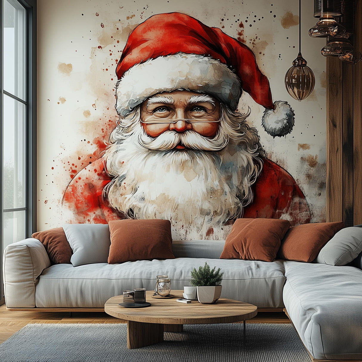 Classic Santa Claus wall mural in a cozy living room, festive holiday decor with rich red tones and a warm atmosphere.