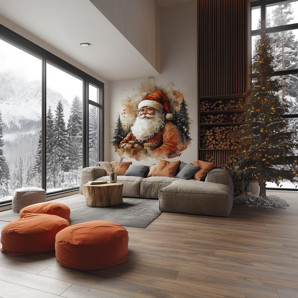 Cozy living room with Classic Santa Claus wall mural, rustic decor, and festive tree for winter holiday atmosphere.