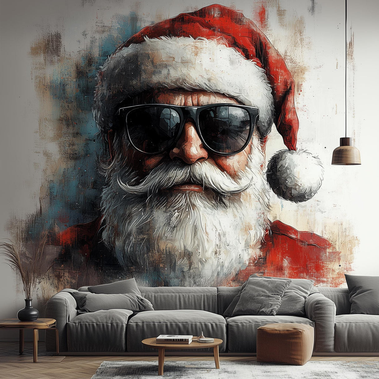 Cool Santa Claus Wall Mural | Edgy Christmas Decal | Santa with Sunglasses Wall Art | Modern Holiday Wall Sticker | Festive Statement Piece