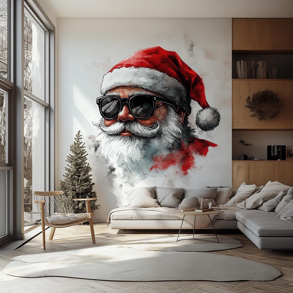 Cool Santa wall mural featuring Santa in sunglasses and a red hat, creating a modern holiday decor statement.