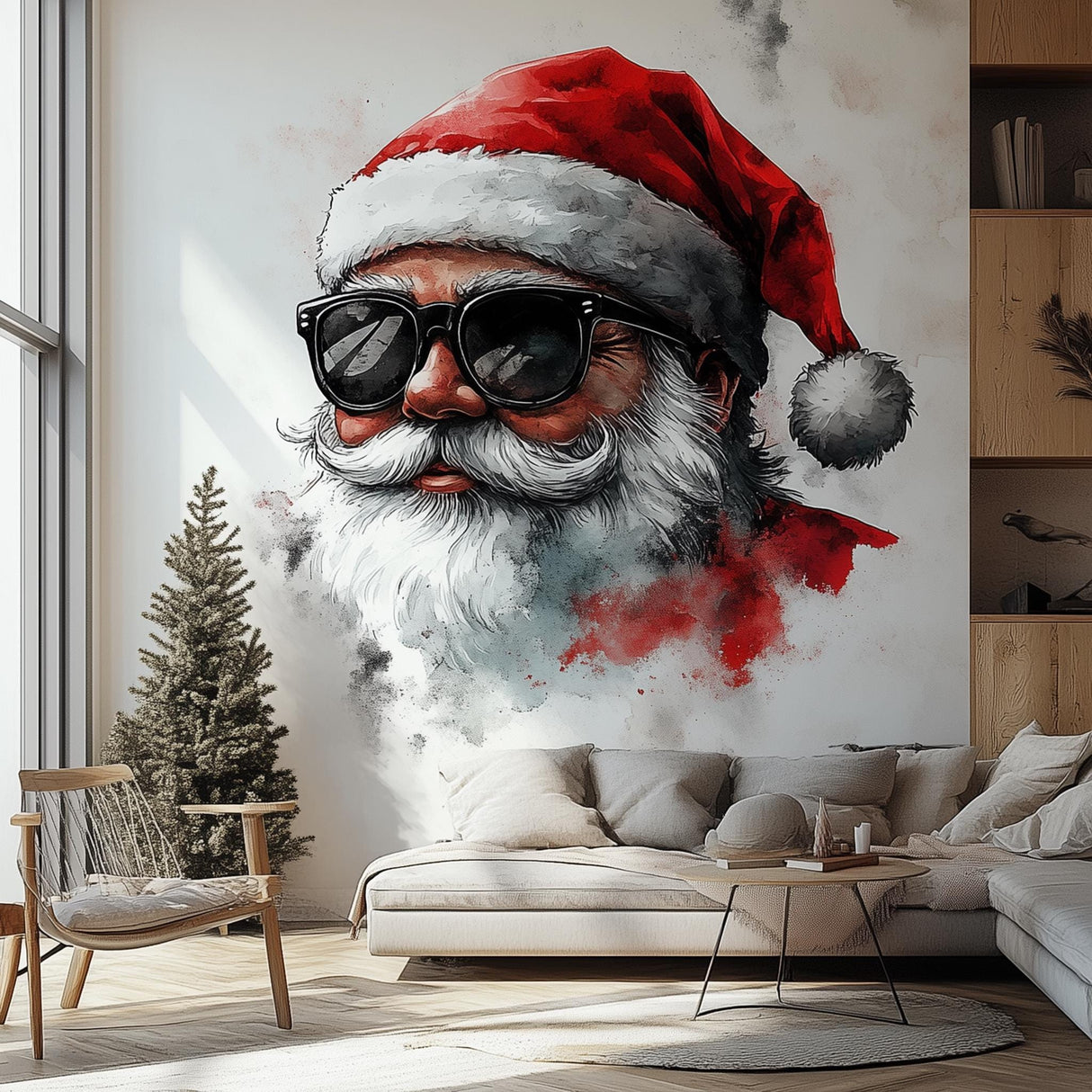 Cool Santa Wall Mural | Modern Christmas Decal | Santa with Sunglasses Wall Art | Edgy Holiday Wall Sticker | Festive Statement Piece