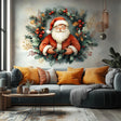 Santa Claus wall mural surrounded by holly, pine, and red berries in a cozy living room decor.