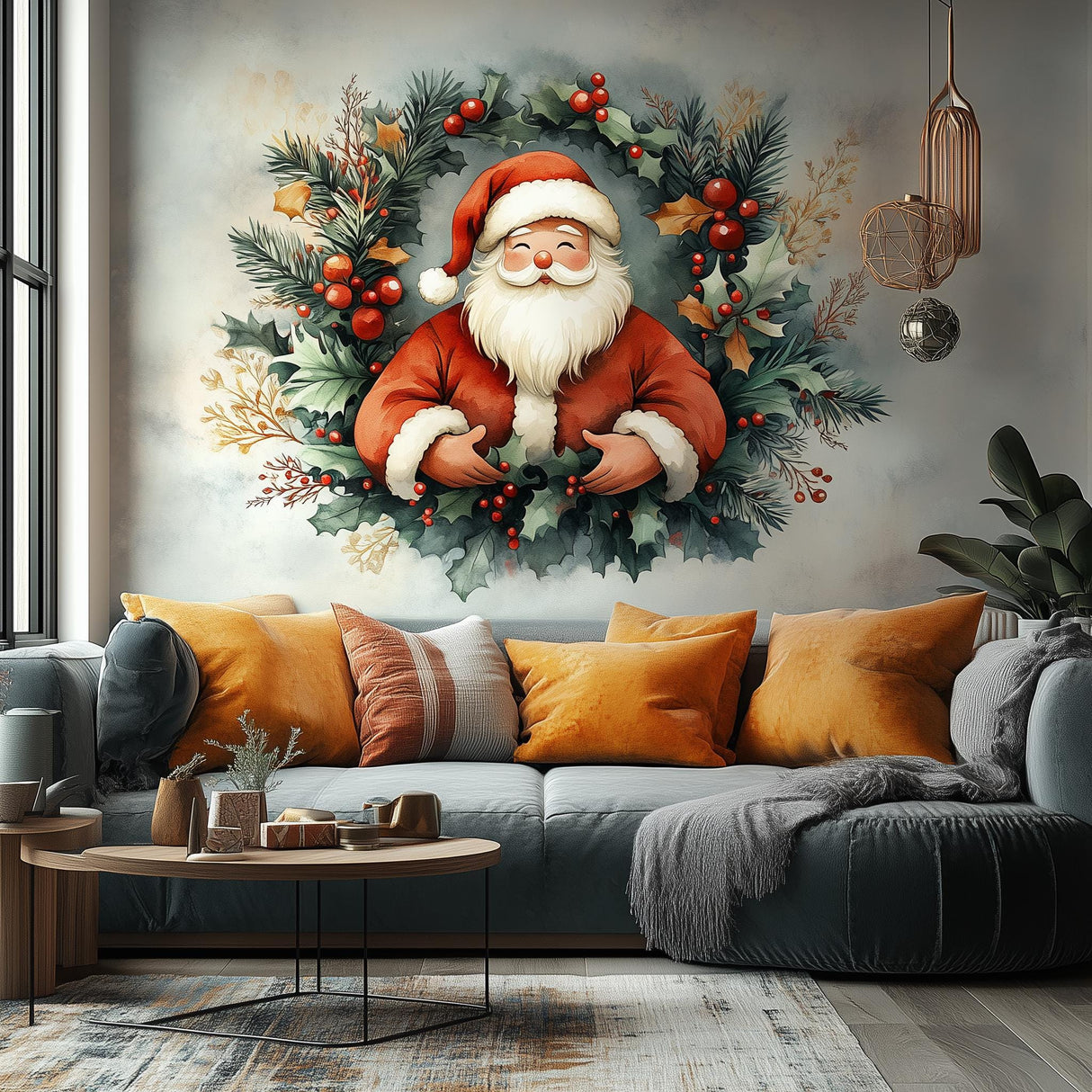 Santa Claus wall mural surrounded by holly, pine, and red berries in a cozy living room decor.