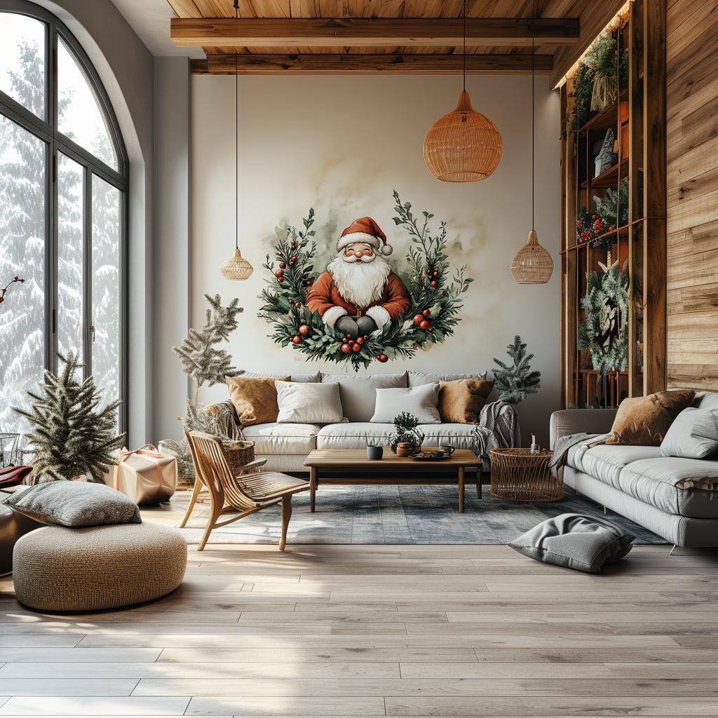 Cozy living room featuring a Santa Claus wreath wall mural, enhancing the festive holiday ambiance.