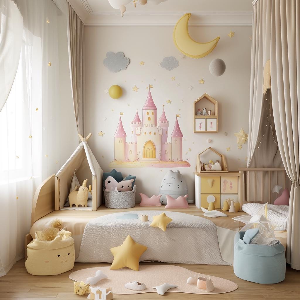 Princess castle wall sticker in a dreamy nursery with pastel decor, clouds, and stars.