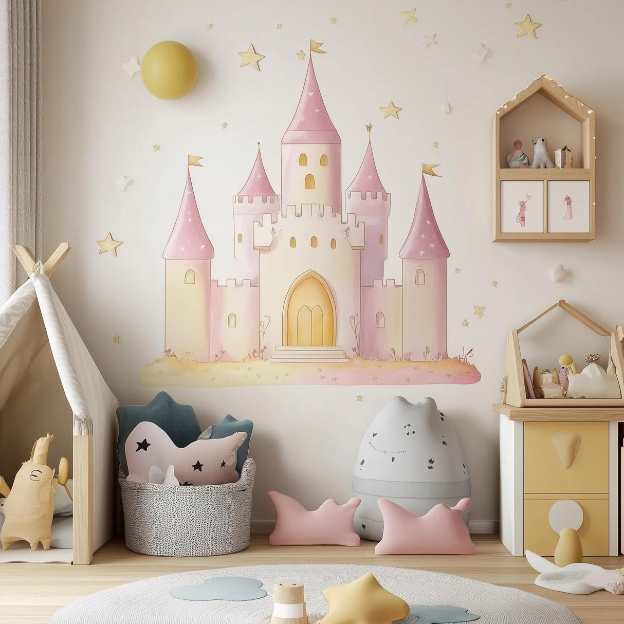 Princess castle wall sticker in a pink and gold theme for nursery or kids room decor.