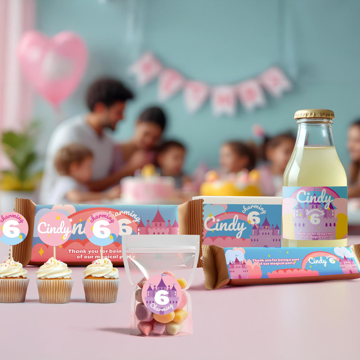 Personalized kids birthday party setup featuring custom stickers with name and age decoration on treats and drinks.