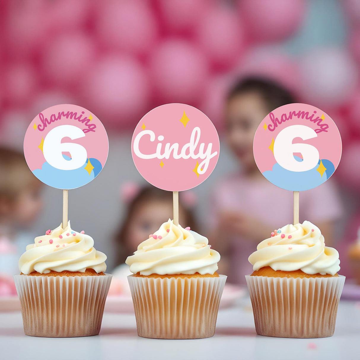Personalized birthday cupcake toppers featuring Cindy's name and age 6, perfect for kids party decorations.