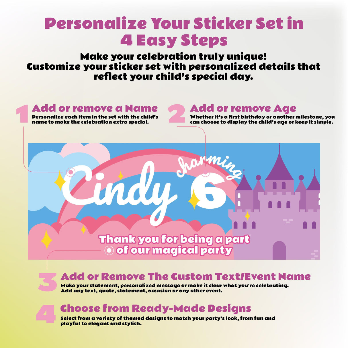 Personalize your dinosaur-themed birthday sticker set in 4 easy steps with options for names and ages.