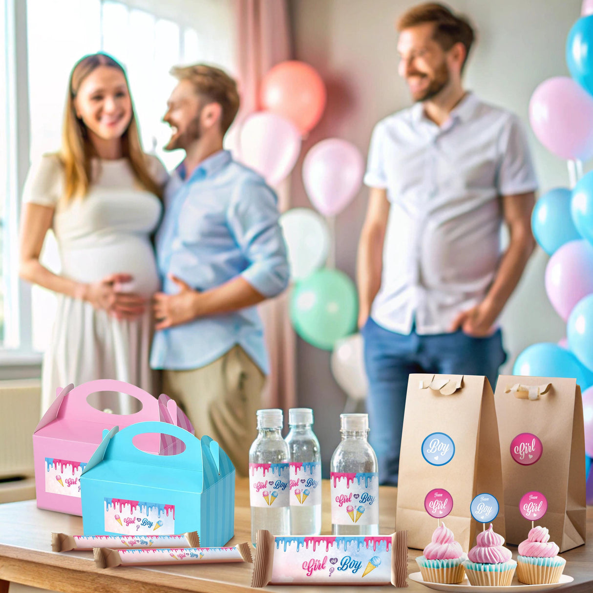 Gender reveal party decor with ice cream theme, featuring customized favors and a happy couple.