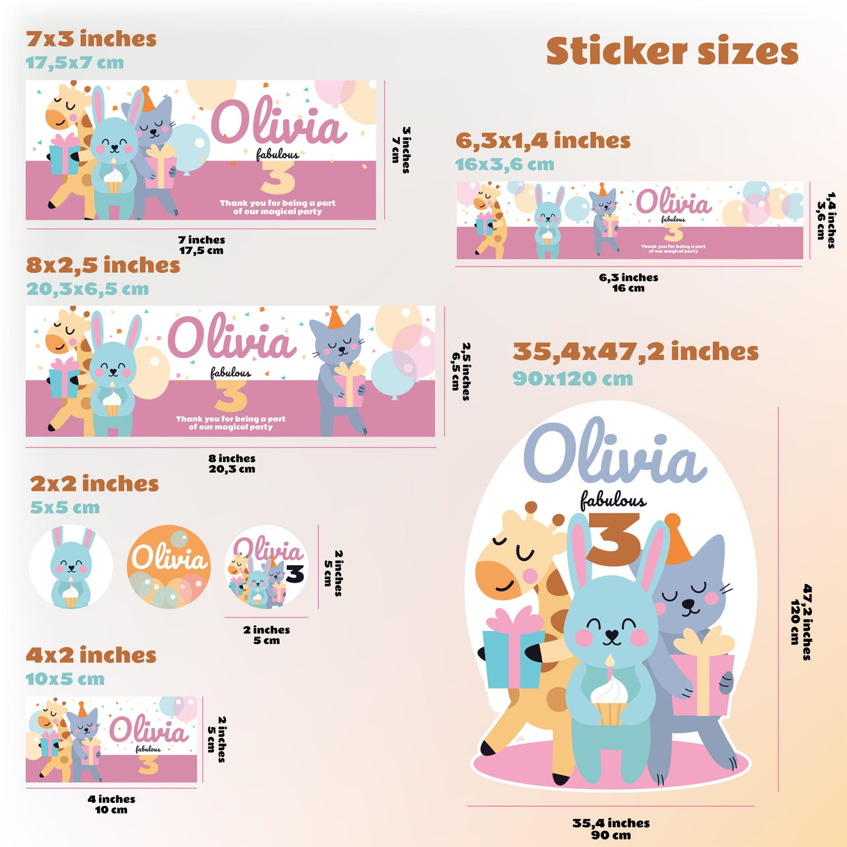Personalized animal-themed sticker size guide with various dimensions for kids' party decals.