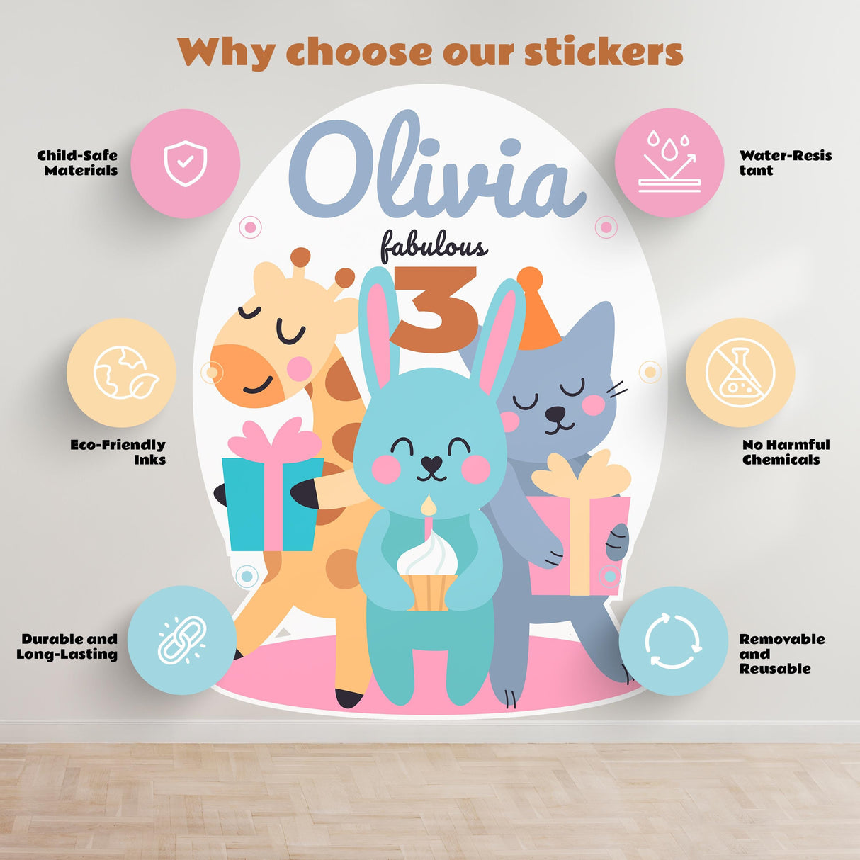 Personalized animal-themed birthday wall decal with child-safe materials, featuring a bunny, giraffe, and cat for Olivia's party.