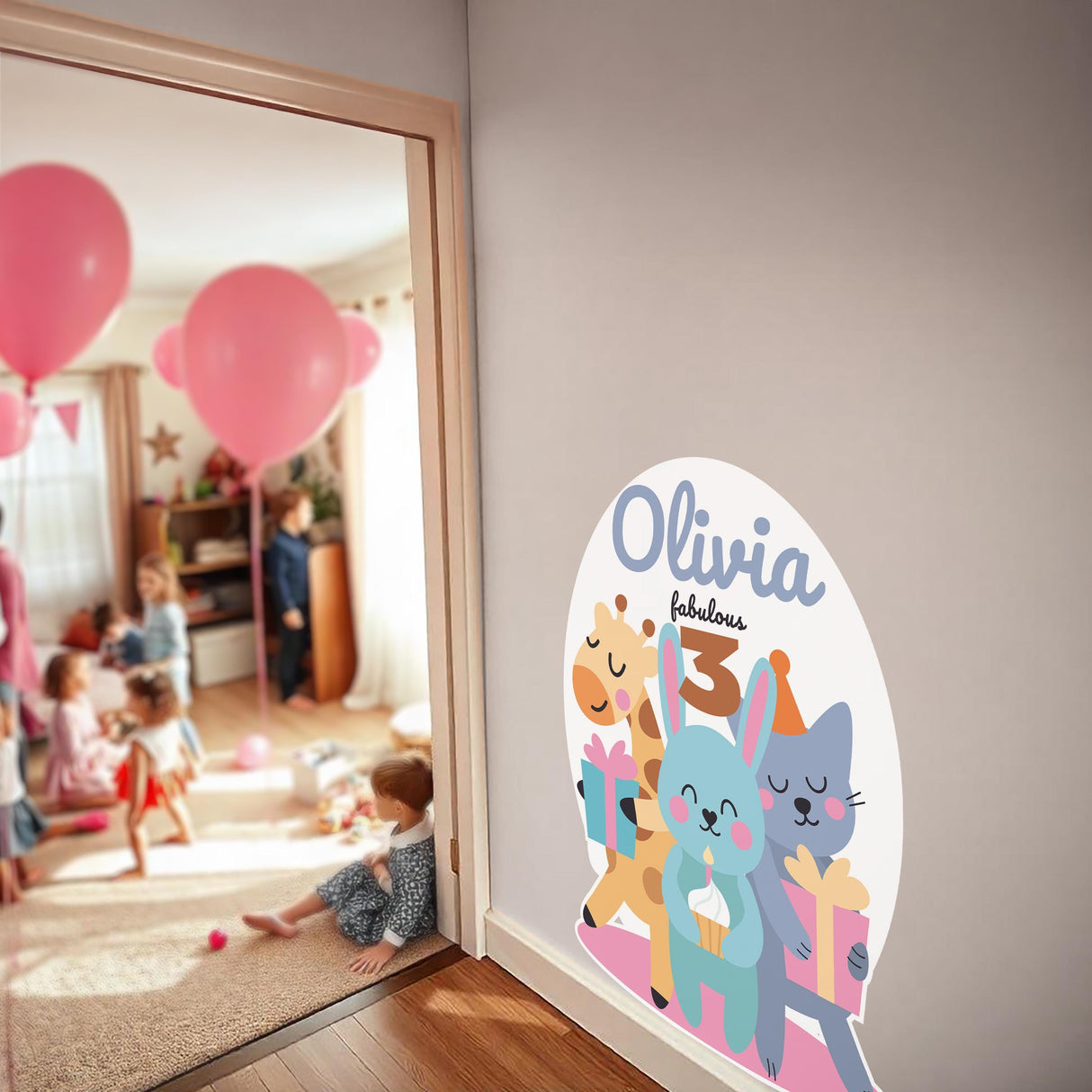 Personalized animal-themed wall decal featuring the name Olivia for a kids' birthday party.