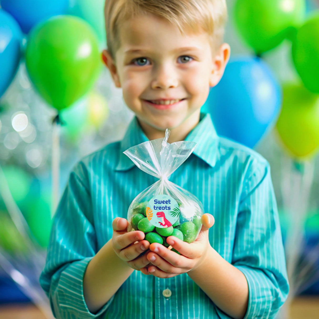 Smiling boy holding a treat bag filled with green candies at a vibrant dinosaur-themed birthday party.