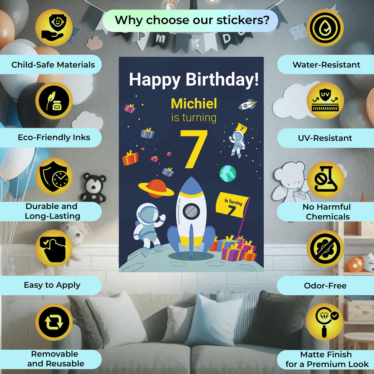 Happy Birthday decal for Michiel's 7th space-themed party with astronauts and rockets, featuring eco-friendly materials.