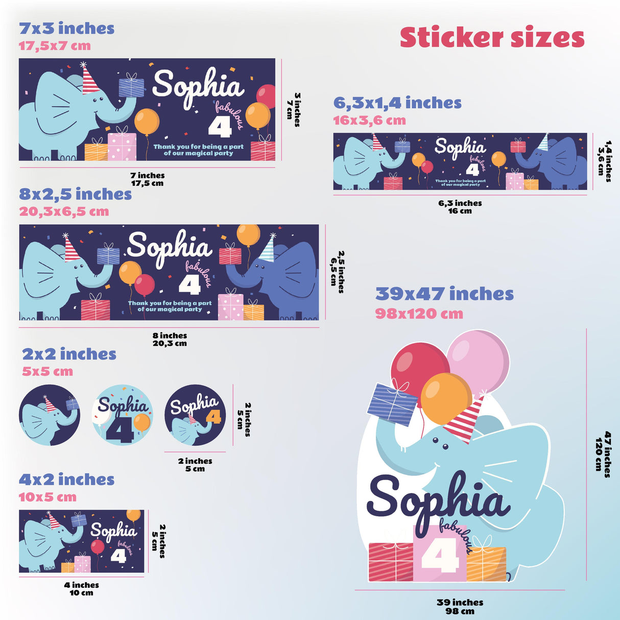 Personalized elephant birthday party decal sizes, featuring cute designs for customized celebration decorations.