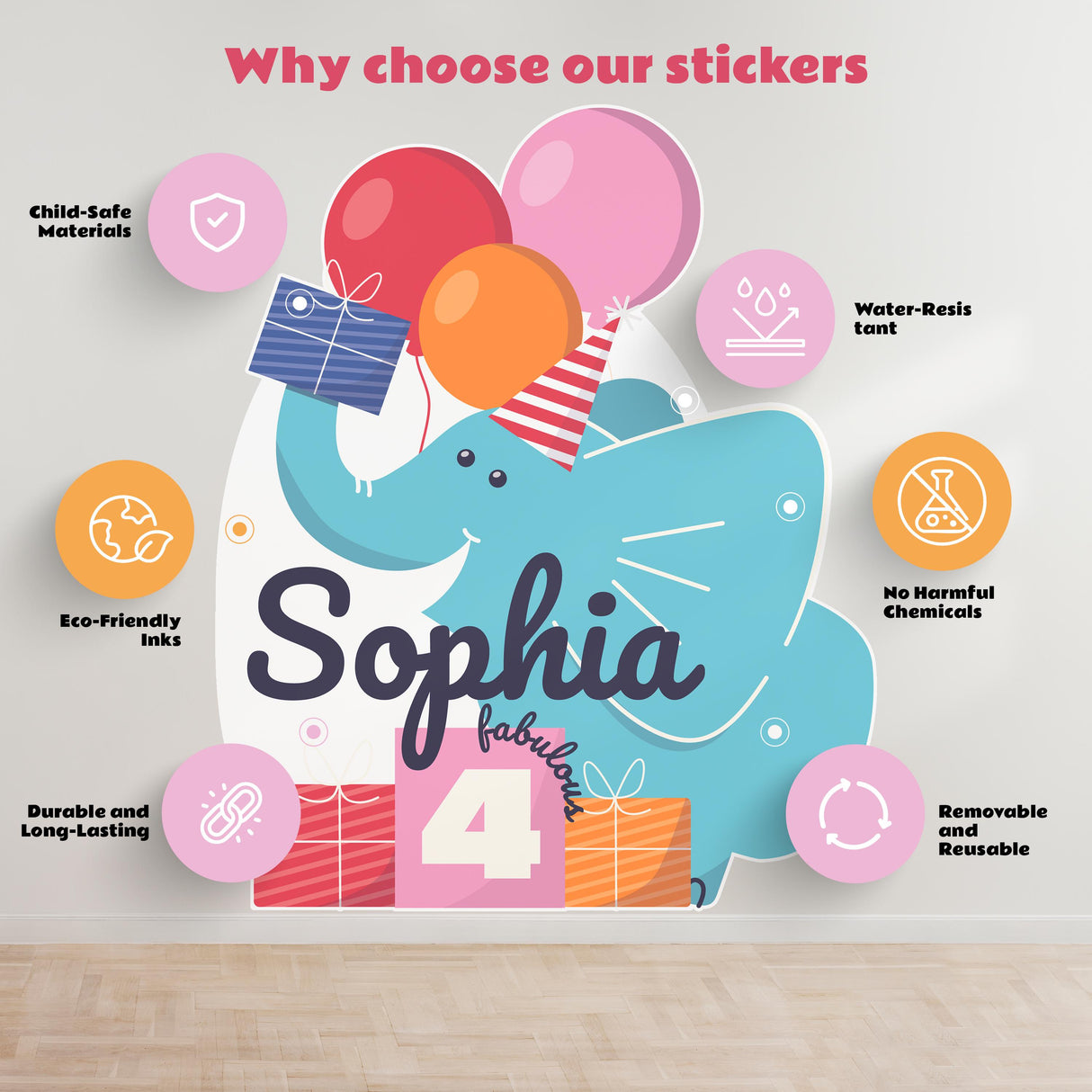 Personalized elephant birthday decal for Sophia with colorful balloons and presents, showcasing product features.