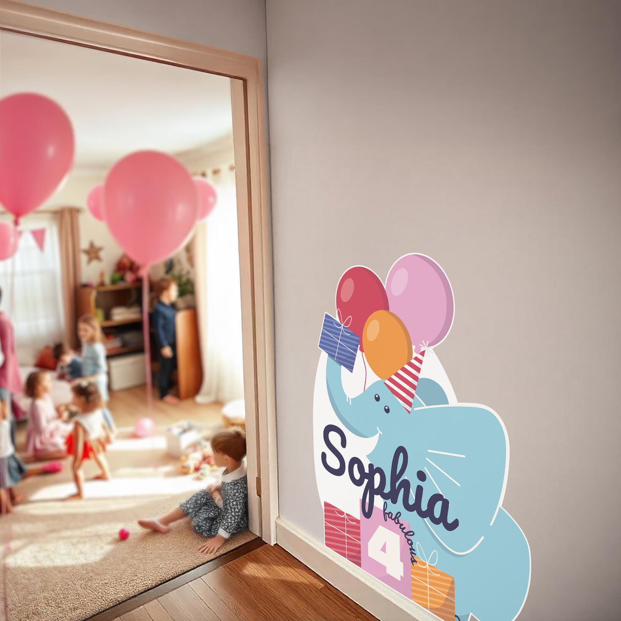 Personalized elephant birthday decal for Sophia's 4th birthday party with colorful balloons and gifts.